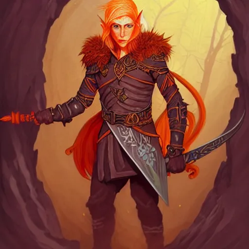 Image similar to portrait painting of an elven eladrin young man with light orange hair and tribal tattoos in his cheekbones wearing fur armor, d & d, rpg, sharp focus, award - winning, trending on artstation, masterpiece, highly detailed, intricate. art by josan gonzales and moebius and deathburger