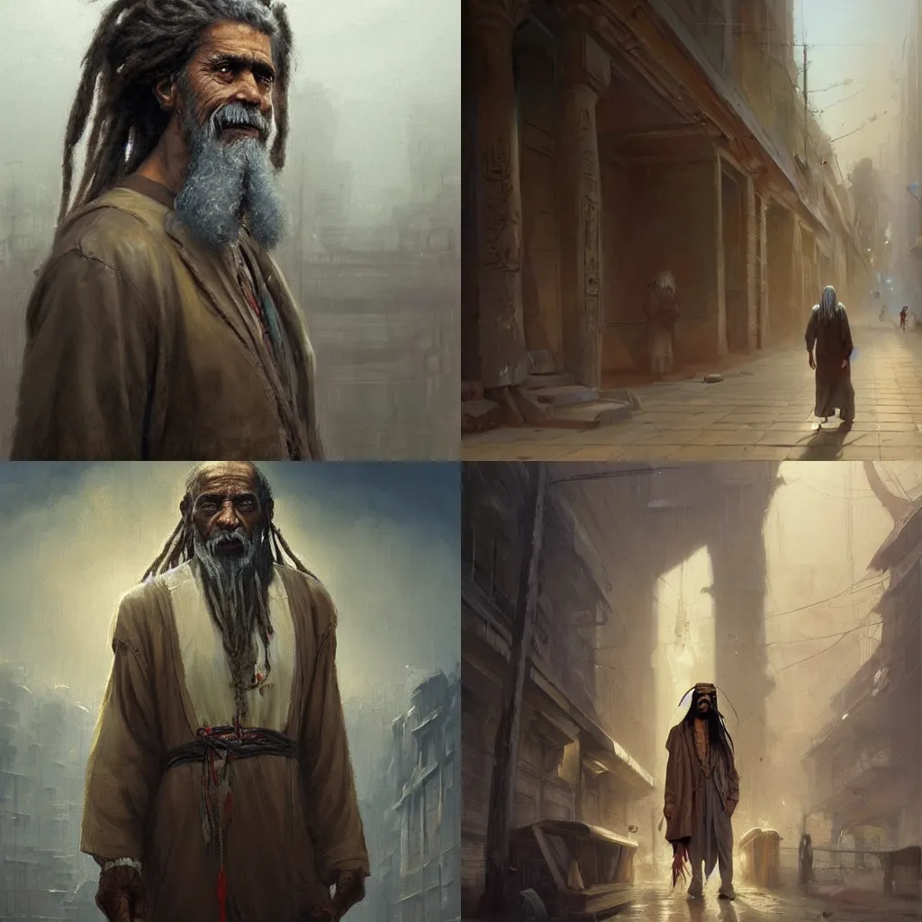 Prompt: masterpiece painting of a portrait of a long dreadlocks hair egyptian old man, White blind eyes wearing worn out brown clothes in a city, featured in artstation, concept art by Greg Rutkowski, WLOP, Dan Mumford, Christophe Vacher