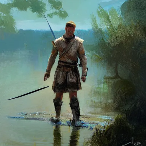 Image similar to digital painting of a hand holding a sword coming out of a lake by james gurney, craig mullins