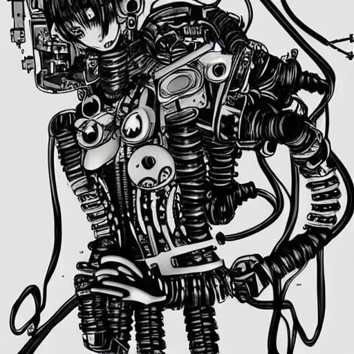 Image similar to Anime manga robot!! cat tattoo, cyborg cat, exposed wires and gears, fully robotic!! cat, manga!! in the style of Junji Ito and Naoko Takeuchi, tattoo on upper arm