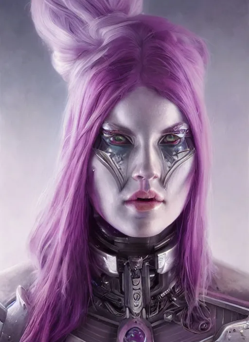 Image similar to a hyper detailed face portrait of a pale woman with purple hair in sci - fi cybernetic armor, sylvanas windrunner, sideshow figurines, by tom bagshaw, artgerm, dorian cleavenger, greg rutkowski, wlop, astri lohne, zdzisław beksinski trending on artstation