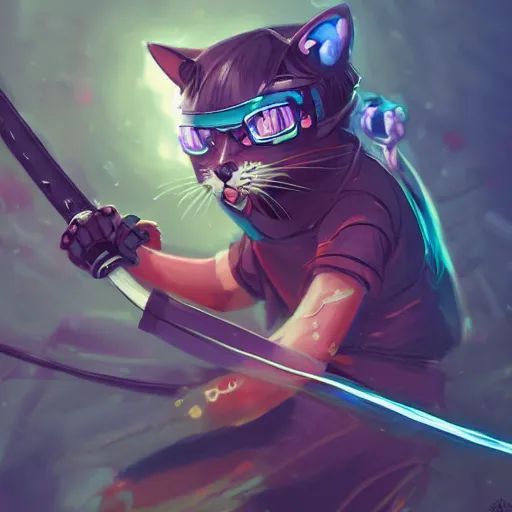 Image similar to cute angry ninja cyberpunk cat fighting with a lase sword, artstation, highly detailed, colorfull, digital painting, deep focus, sharp, smooth, rossdraws