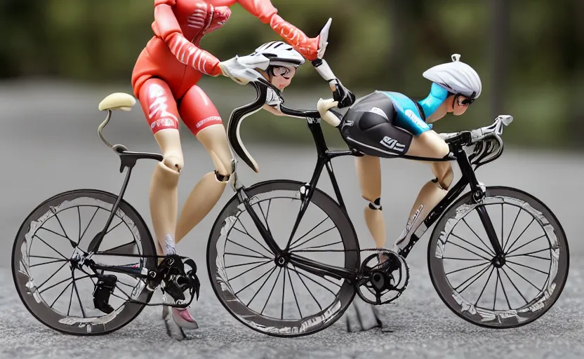 Image similar to portrait of the action figure of a female cyclist on her road bike, team ukyo, highly detailed, high resolution, toy, good smile company, anime style, japanese collection product, 150mm lens, by professional photographer, realistic reflections