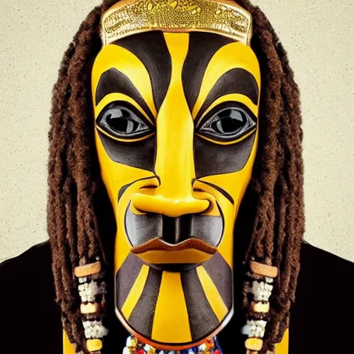 Image similar to African mask resembling snoop dogg, photorealistic