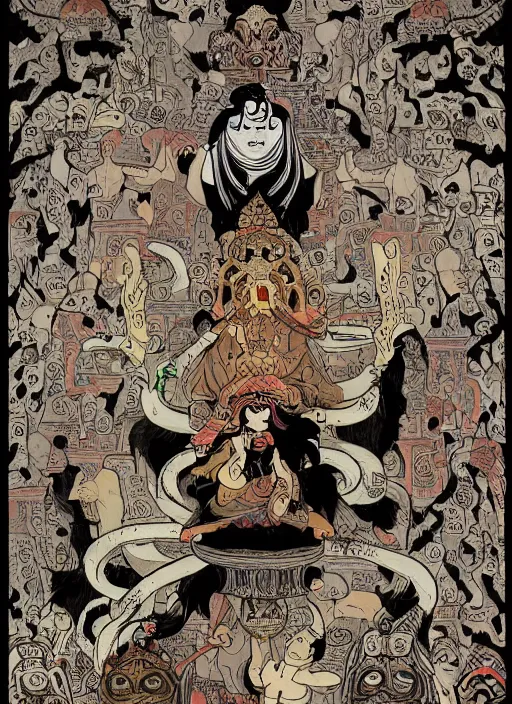 Image similar to Tibetan Book of the Dead as a Portal to Bardo, the world of lost souls, mystic illustration, extremly detailed, in the Style of Mike Mignola and Tomer Hanuka, trending on artstation