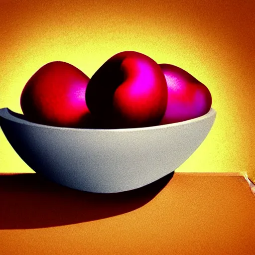 Image similar to concept art of a single bowl filled with a few moist freshly picked plums on a wooden table. digital painting, illustration, volumetric lighting, highly detailed, small scale, artistic, trending on artstation.