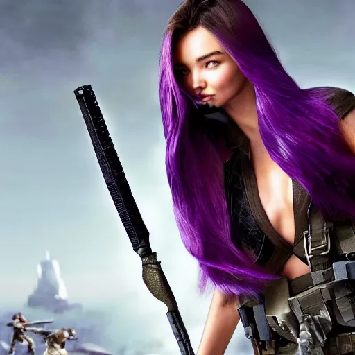 Image similar to Miranda Kerr with long purple hair and sword in call of duty warzone 4k, high detail, high-resolution photograph, professional photography, ultra-detail