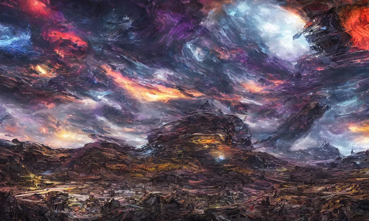 Image similar to Epic Sci Fi Landscape, wide angle, colorful, detailed