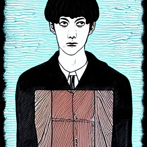 Image similar to a self-portrait of jung jaehyun in the art style of junji ito, color restoration,