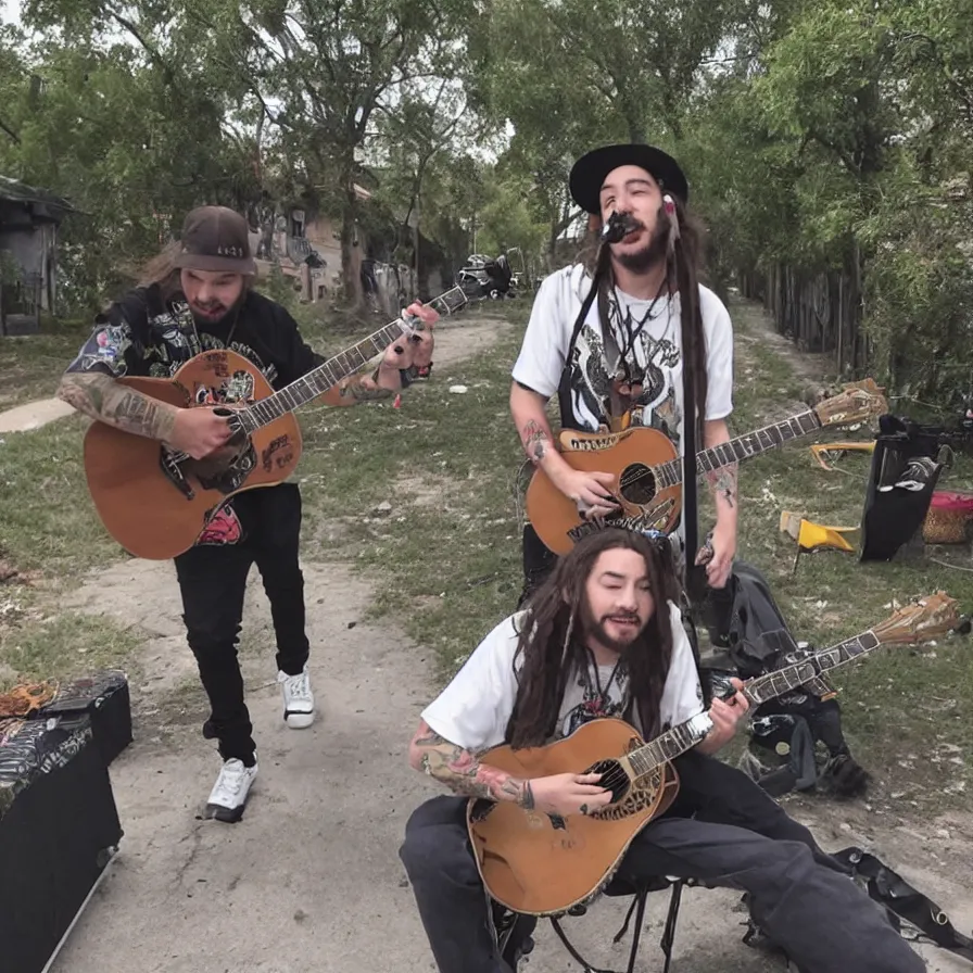 Image similar to trailcam footage of Post Malone playing a guitar on a mexican street