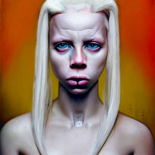 Image similar to realistic expired kodak film portrait of female african albino yolandi visser mix, hyperrealism, hypermaximalism, photorealistic, detailed, atmospheric, 8 k, award winning photography, cinematic