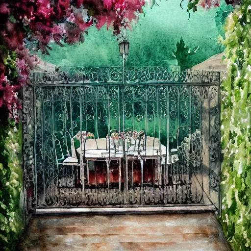 Image similar to delicate rain, symmetric, chairs, garden, paved, botanic watercolors, iridescent, 8 k, realistic shaded, fine details, artstation, italian, iron gate, tree, mediterranean