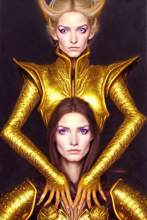 Prompt: high quality extremely detailed closeup portrait of a young gorgeous female warlock looking away from the camera wearing very reflective golden armor, detailed eyes, sparkle in eyes, no hands visible, fantasy, d & d, intricate, painting by lucian freud and mark brooks, hd