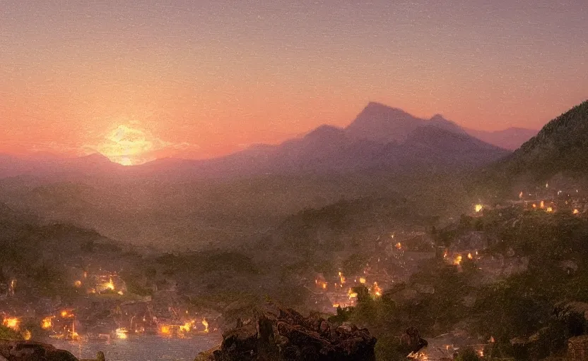 Image similar to small cozy town on a hill overlooking the ocean, close up shot, at dusk, distant mountains, 4k, rule of thirds, extreme detail, hazy water, intricate ink illustration, trending on artstation, cgsociety, hd, calm, complimentary colours, realistic lighting, by Albert Bierstadt, Frederic Edwin Church.