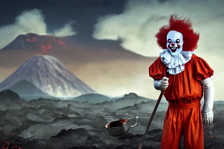 Image similar to pennywise as pulcinella! making pizza, vesuvius spewing lava in the background, glowing pools of lava, dark cloudy sky, by esao andrews, by james jean, full body, wide angle, post - apocalyptic, hyperrealistic, big depth of field, 3 d octane render, 4 k, perfect symmetrical face, masterpiece, hyperrealistic, trending on deviantart