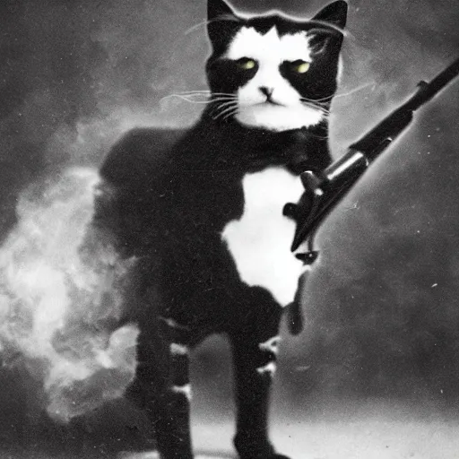 Prompt: anthropomorphic tuxedo cat with flamethrower, world war i battle, heroic, grainy photograph