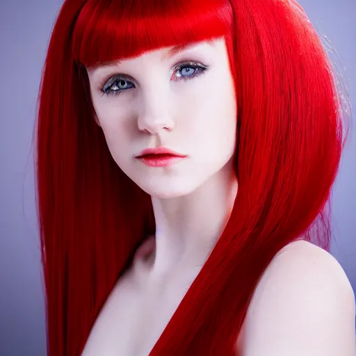 Image similar to Portrait of a young, stunningly beautiful twin-tailed woman with red hair on the right half of her head and white hair on the left half, award-winning photo, 4k, 8k, studio lighting