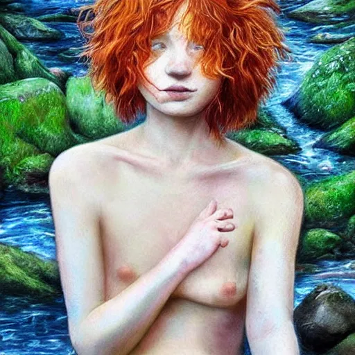 Prompt: !!!!!Ed Sheeran!!!!! as a shy forest nymph. beautiful flowing auburn hair and slender feminine body. this nymph is so demure. She plays along the banks of an enchanted river in a cozy glade. I feel happy when I see this wonderful work of art. Highly detailed art.