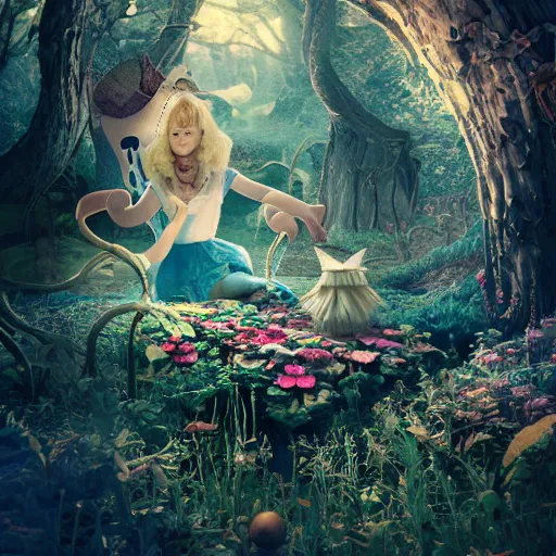 Image similar to alice in wonderland, illustration, 3 d, mistic atmosphere, scarry, octane render, intricate, hyper detailed, morning light, cute, well rendered