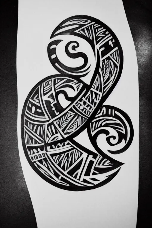 Prompt: a thin swirling tribal tattoo design on paper, black and white