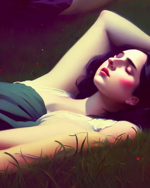 Prompt: stylized portrait by aykutmakut of an artistic pose, composition, young victorian fancy lady sleeping over the grass, cinematic moody colors, realistic shaded, fine details, realistic shaded lighting poster by ilya kuvshinov, magali villeneuve, artgerm, jeremy lipkin and michael garmash and rob rey