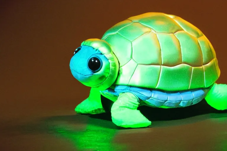 Prompt: cyborg stuffed turtle plushie in cyberspace, in 2 0 5 5, y 2 k cybercore, industrial low - light photography, still from a ridley scott movie