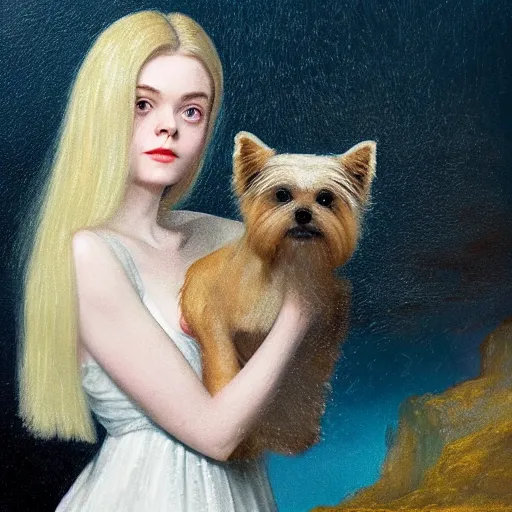 Prompt: Elle Fanning holding a Yorkshire Terrier in the style of Lady with an Ermine, head and shoulders portrait, stormy weather, extremely detailed masterpiece, oil on canvas, low-key neon lighting, artstation, Blade Runner 2049, Roger Deakin’s cinematography, by J. C. Leyendecker and Peter Paul Rubens and Edward Hopper and Michael Sowa,