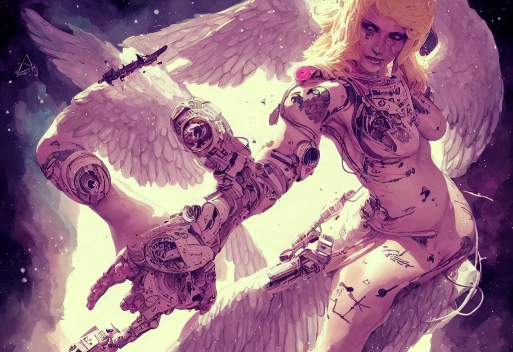 Image similar to an angel in space covered in tattoos, fantasy, anatomically correct, by greg rutkowski, by greg tocchini, by james gilleard, by joe gb fenton, by kaethe butcher, dynamic lighting, gradient light yellow, pink, blonde cream and white color in scheme, cyberpunk aesthetic