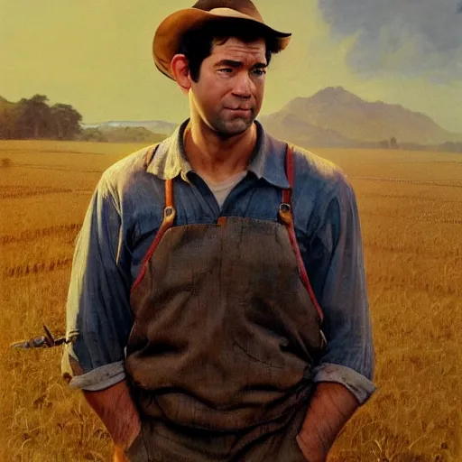 Image similar to ultra realistic portrait painting of john krasinski as farmer, art by frank frazetta, 4 k, ultra realistic, highly detailed, epic lighting