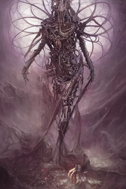 Image similar to Ancient Biomechanical Fairy Construct, digital art by Seb McKinnon, ArtGerm, WLOP, fantasy, magic, RPG, bossfight, darksouls