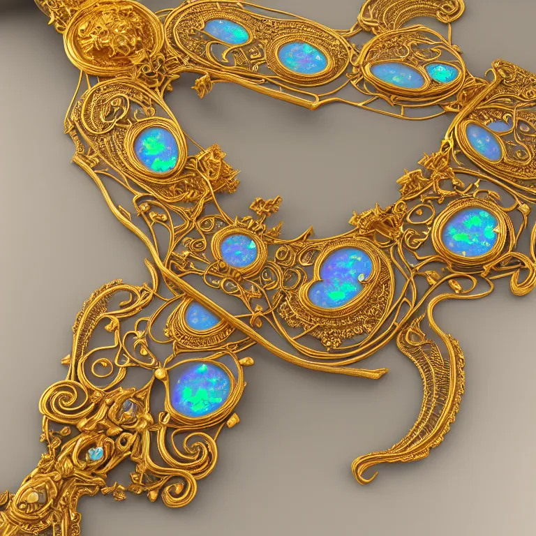 Prompt: historical, art nouveau, ornate, delicate, opals and cyan gemstone choker, glowing inside, shiny gold, octane render, realistic, dramatic light, 3 d, photograph 4 k,