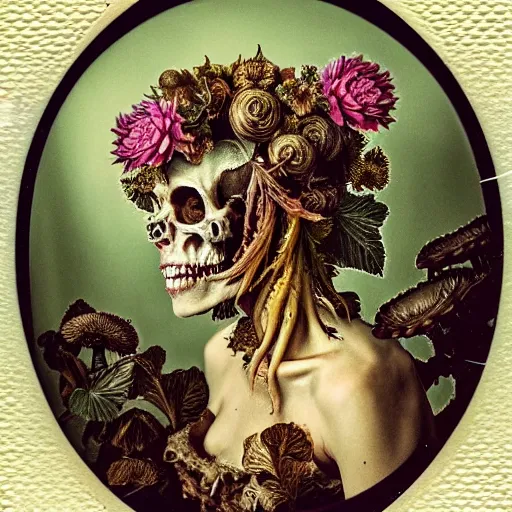 Image similar to a beautiful detailed front view rococo portrait of a rotten woman corpse becoming almost a skull with fractal plants and fractal flowers and mushrooms growing around, intricate, ornate, volumetric light, beautiful lit, polaroid photography, the northman