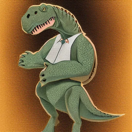 Image similar to paleoart of a t - rex wearing a school uniform by emily willoughby