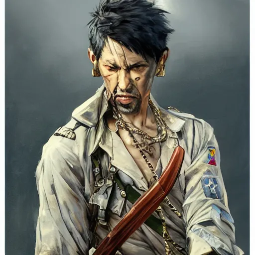 Prompt: portrait of a war hero holding his sword in front of his face by yoji shinkawa, high quality, extra details, realism, ornate, colored, golden chain, blood, white skin, short hair, brown eyes, vivid, sunlight, dynamic, american man, freedom, white american soldier, painting