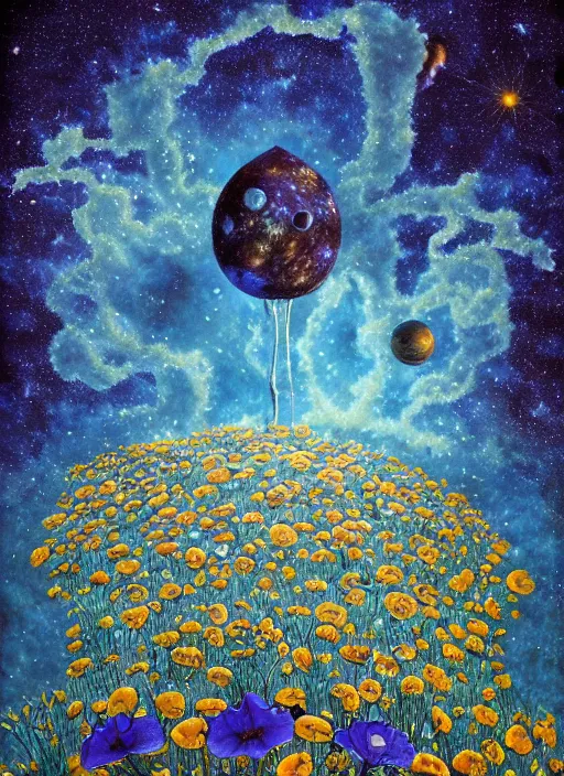 Image similar to detailed, intricate blue black and purple papaverum flower on the field, nebula, galaxy in the sky, winning award masterpiece, fantastically beautiful, illustration, aestheticly inspired, jacek yerka, upscale with anguissola sofonisba work, artstation, 8 k