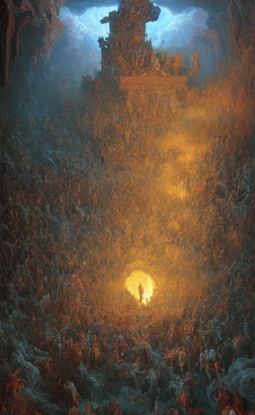 Image similar to hordes of demons breaking into heaven, baroque architecture, detailed, vivid colors, masterpiece painting, octane render, volumetric lighting, cinematic, by gustave dore, by michelangelo, by beksinski