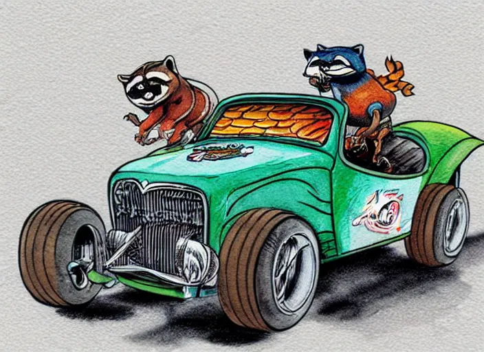 Image similar to funny, racoon riding in a tiny hot rod coupe with oversized engine, ratfink style by ed roth, centered award winning watercolor pen illustration, by chihiro iwasaki, edited by range murata