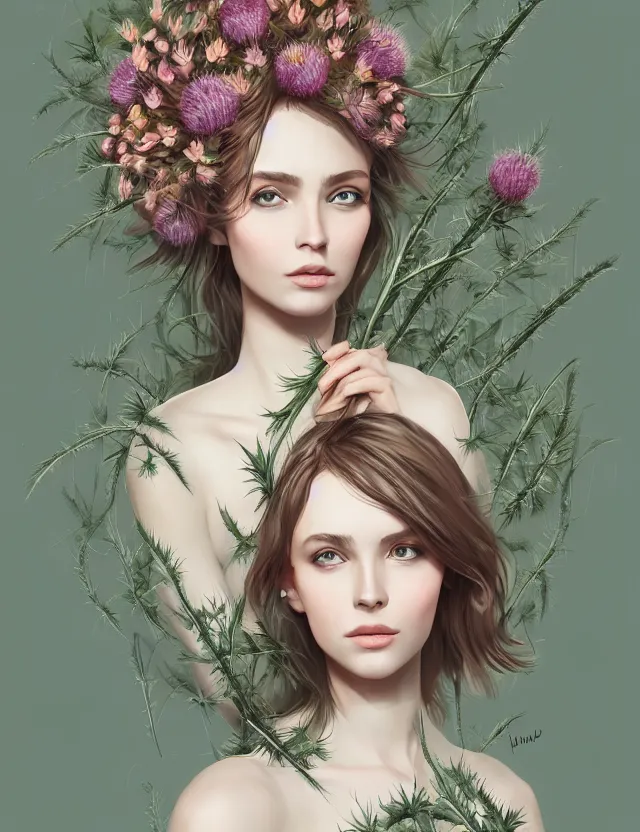 Prompt: the girl is beautiful, full - length portrait, clothes in leaves, flowers and thistle branches, sophisticated, trending on artstation, digital art, detailing, high quality, concept art