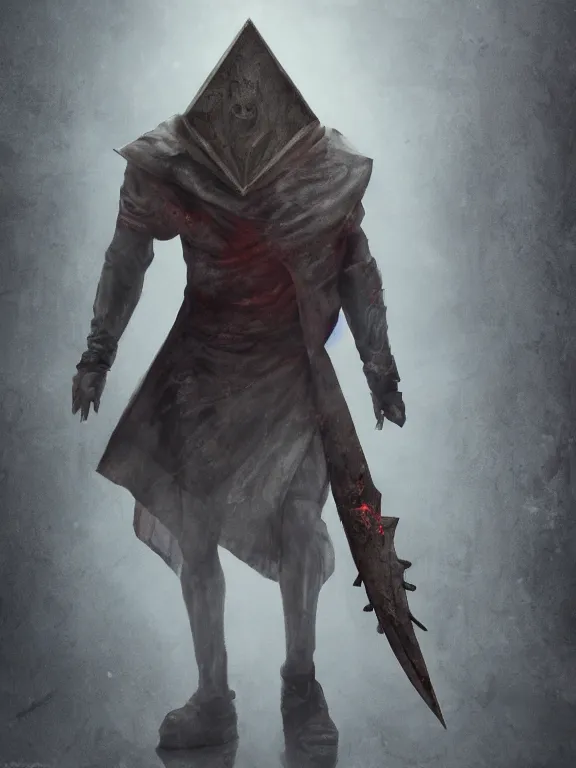 Prompt: Pyramid Head from Silent Hill on a fighting stance, splash art, riot games, mixed media, digital art, trending on artstation, 8k, epic composition, highly detailed, AAA graphics