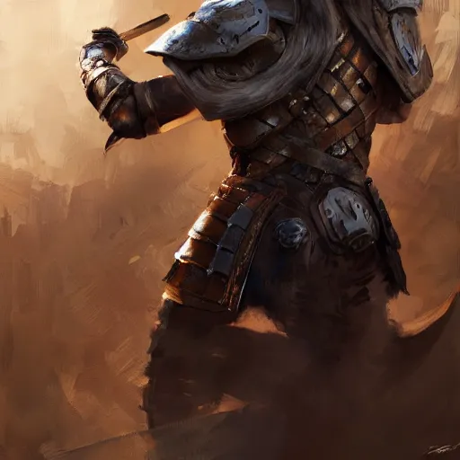 Prompt: rear side portrait of a muscular, ponytail haired blonde man with a armored left arm, wearing a brown leather coat, one side of the body scarred, looking to left, DnD, fantasy, digital art by Ruan Jia