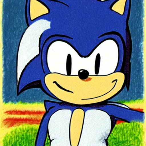 Prompt: storybook illustration of sonic the hedgehog in the style of maurice sendak
