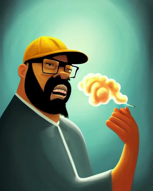 Image similar to painting portrait of big smoke evaporating as smoke, cartoon, warm lighting. big smoke's body is smoke. movie poster, illustration by bartek fedyczak, erak note, tooth wu, neil richards, kan liu, siwoo kim, jisu choe, trending on art station