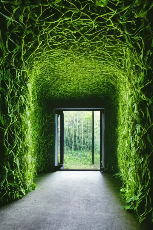 Image similar to colorful James Turrell interiors , overgrown by kudzu vines