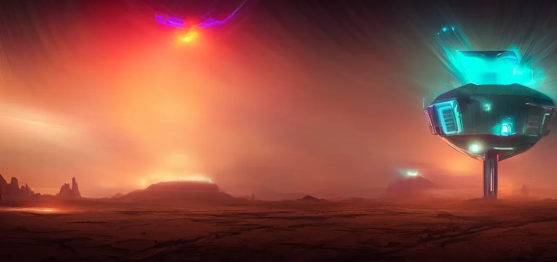 Prompt: view from the desert ground fire night stars of futuristic mechanical blade runner cyberpunk mothership, colored fog, neon, light rays, symmetry, cinematic lighting, ultra detailed, sharp, ambient occlusion, bloom, raytracing, by greg rutowski, paul chadeisson and jessica rossier