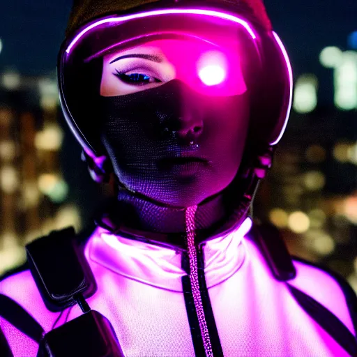 Image similar to photographic portrait of a techwear woman, closeup, on the rooftop of a futuristic city at night, sigma 85mm f/1.4, 4k, depth of field, high resolution, 4k, 8k, hd, full color