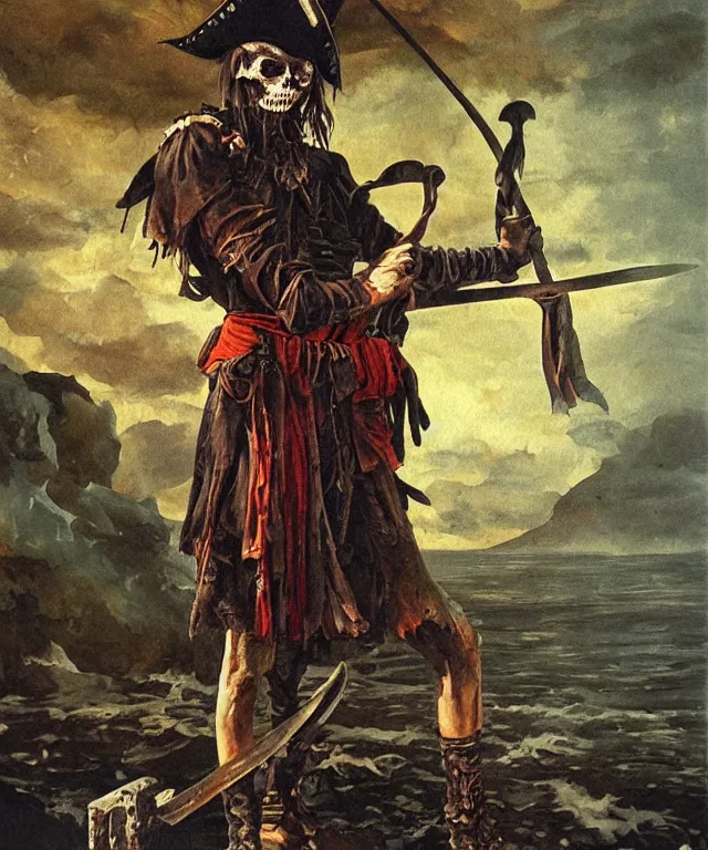 Prompt: ultra realistic color portrait painting of an undead 1 7 th century pirate with a sword in a grotto, dark, painted, brooding, atmospheric, seascape, horror, smooth, epic, highly detailed, cinematic, by angus mcbride