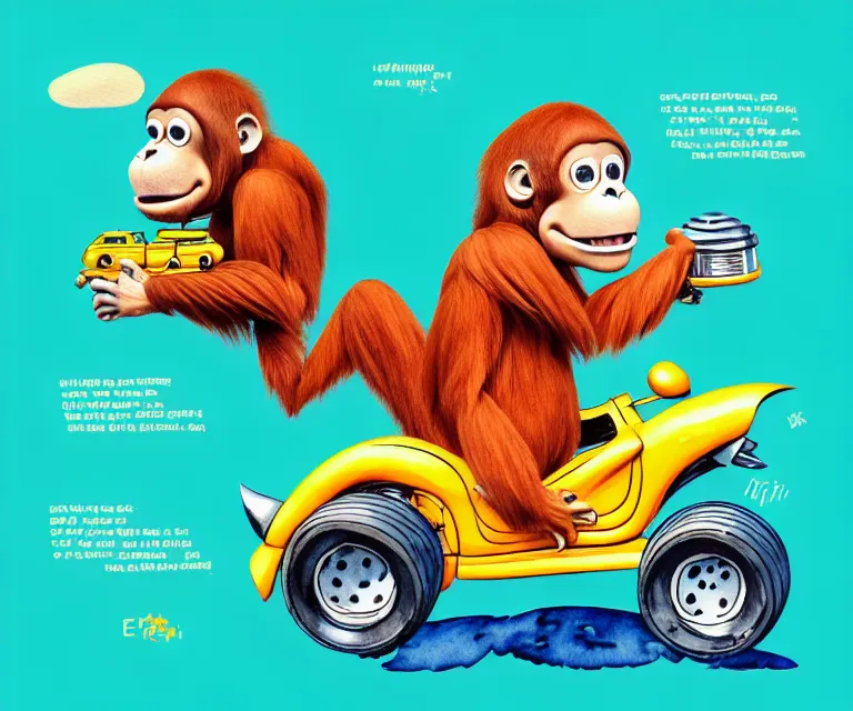 Image similar to cute and funny, orangutan wearing a helmet riding in a tiny hot rod with oversized engine, ratfink style by ed roth, centered award winning watercolor pen illustration, isometric illustration by chihiro iwasaki, edited by range murata, tiny details by artgerm, symmetrically isometrically centered