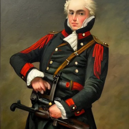 Prompt: 18th century Prussian soldier holding a MP40 submachinegun, oil painting, trending on ArtStation