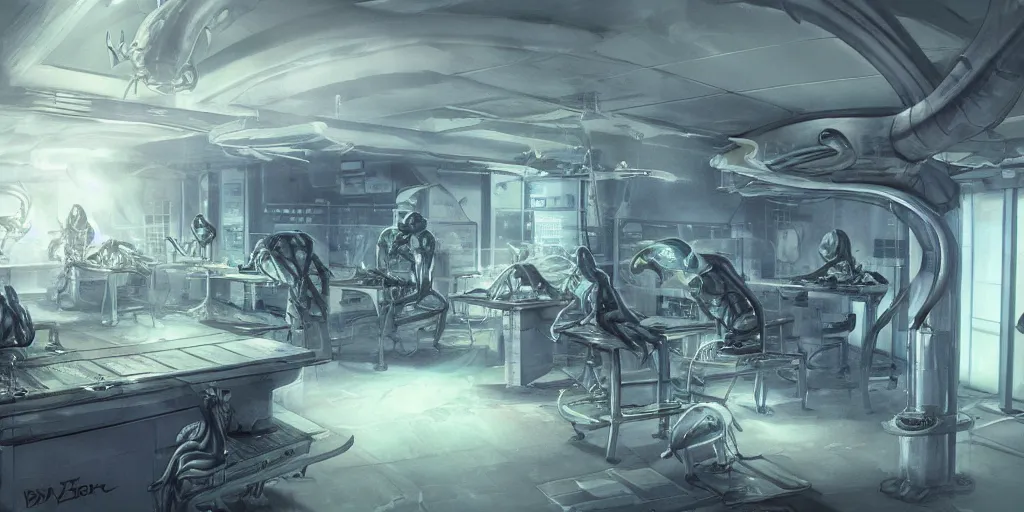 Image similar to Alien autopsy inside a secret Bio hazard Level 4 Research laboratory by John Howe, realistic, highly detailed, Artstation,
