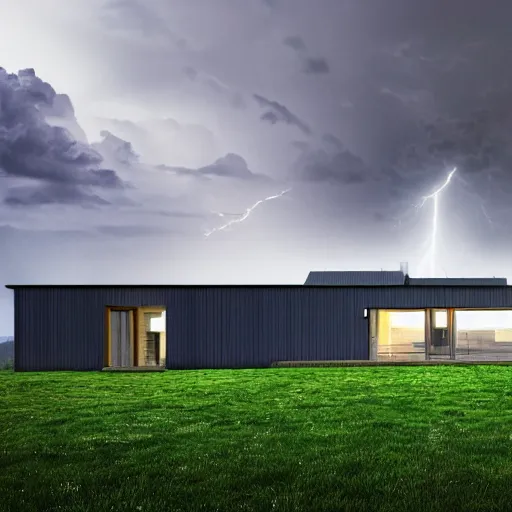 Image similar to exterior view of modern futuristic farm house architecture and barn, on a hill with a view overlooking the city, lightning in grey skies, detailed luminescent oil painting 4 k